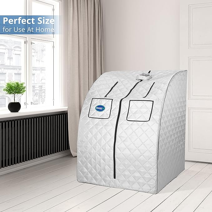 Durasage Oversized Portable Personal Steam Sauna Spa with 800W Steam Generator, 60-Minute Timer, Dual Pockets, Zippered Hand Openings & Chair for at-Home Relaxation (Silver, 33"x31.5"x41")-StrideForce Fitness