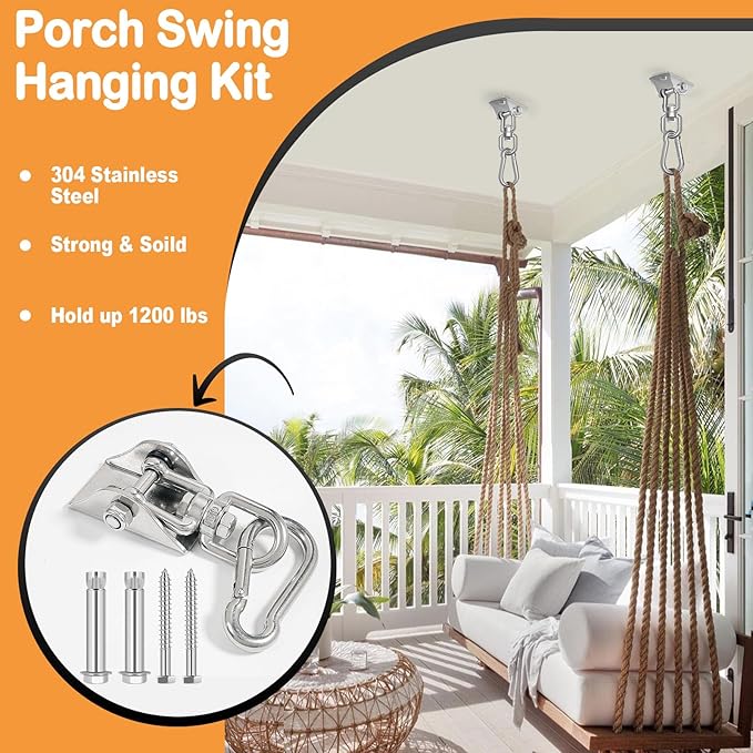 Hammock Hanging Kit 2 Pack, Porch Swing Hanging Kit 1200 Lb Capacity, Hammock Ceiling Hooks Heavy Duty 360° Stainless Steel Rotating Hanging Swing Chair for Hammock Chair Stand, Porch, Yoga, Gym-StrideForce Fitness