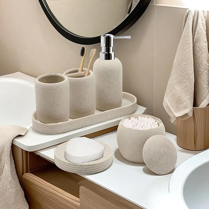 Bathroom Accessory Set, 6PCS Beige Bathroom Accessories - Soap Dish, Lotion Dispenser, Toothbrush Holder, Mouthwash Cup, Tray, Cotton Ball Jar, Aesthetic Decor Bathroom Sets