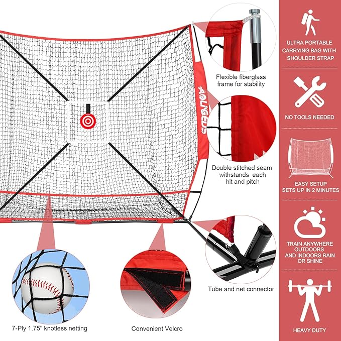 6'X6' Baseball Softball Practice Net with Batting Tee and Ball Caddy, Bonus Strike Zone Target and Bow Frame, for Hitting, Pitching, Catching-StrideForce Fitness