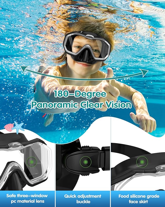 W WSTOO Kids Swim Goggles with Nose Cover,Snorkel Diving Swimming Mask for Youth 5-15,HD 3-Window Wide Vision Anti-Shattered Lens Anti-Fog&Leak-StrideForce Fitness