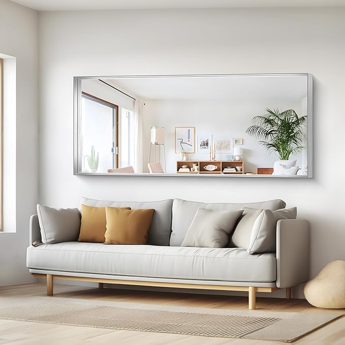 Silver Bathroom Mirror, 72x30 Inch Rectangular Deep Frame Mirror, Large Wall Mounted Bathroom Vanity Mirror Over Sink for Bedroom,Restroom, Living Room, Hangs Vertically or Horizontally-StrideForce Fitness