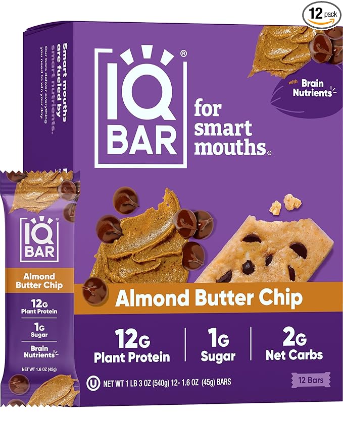 IQBAR Brain and Body Plant Protein Bars - Almond Butter Chip - 12-Count Low Carb - Gluten Free, High Fiber, Vegan Snacks - Low Sugar Meal Replacement-StrideForce Fitness