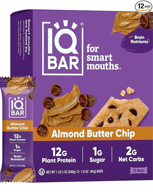 IQBAR Brain and Body Plant Protein Bars - Almond Butter Chip - 12-Count Low Carb - Gluten Free, High Fiber, Vegan Snacks - Low Sugar Meal Replacement-StrideForce Fitness