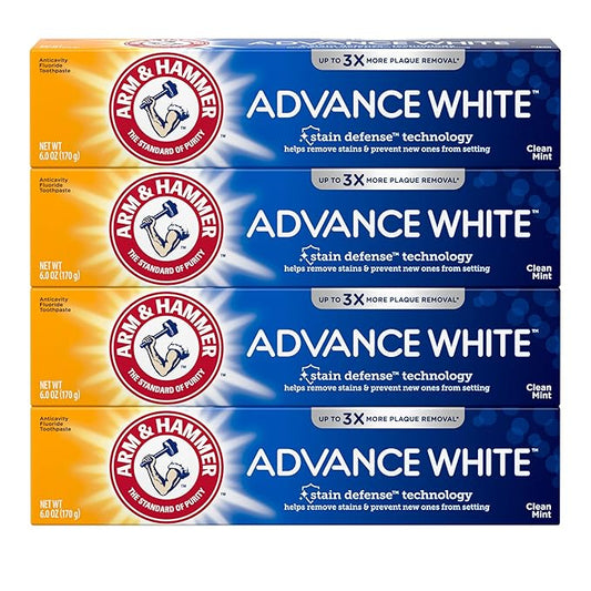ARM & HAMMER Advance White Toothpaste, Teeth Whitening Baking Soda Toothpaste with Stain Defense Technology and Fluoride, Clean Mint Flavor, 6.0 Oz (Pack of 24)