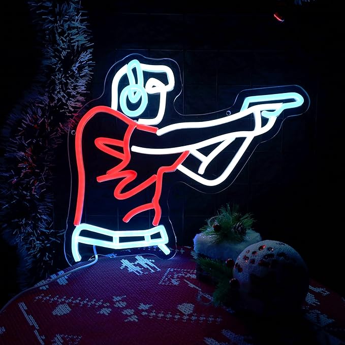 Man Shooting Neon Sign Gun Led Light Up Sign Game Player Gifts Dimmable Shooting Decor for Gun Club Decor Man Cave Game Room 15"×11.9"-StrideForce Fitness