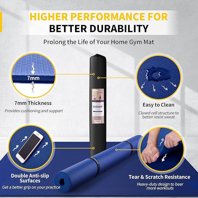 CAMBIVO Large Exercise Mat for Home Workout, 8'x6'/7'x5'/6'x4' (7 mm) Extra Thick Exercise Mat for Home Gym, Shoe-Friendly, Non-Slip Gym Mat for Jump Rope, Weights, Cardio, Fitness-StrideForce Fitness