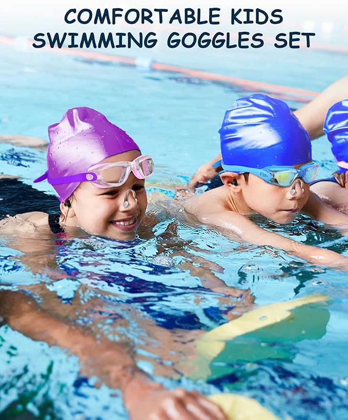Kids Swim Goggles, Swimming Goggles for Kids Toddlers 3-14 with Swim Cap, Nose Clip, Nose Bridge, Ear Plugs-StrideForce Fitness