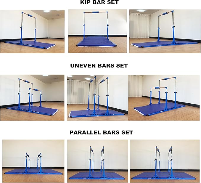 Gymnastics Double Horizontal Bars 3Play Parallel Bars Uneven Bars Gymnastics Training Kip Bar with 304 Stainless Steel Regulating Arms & Fiberglass Rail for Indoor Outdoor Home Club Use-StrideForce Fitness