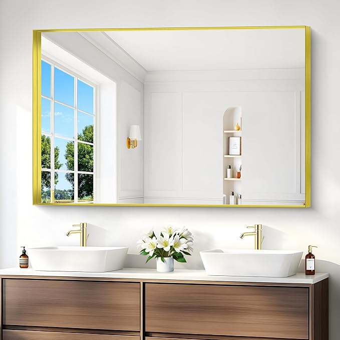 Gold Bathroom Mirror, 36x55 Inch Rectangular Deep Frame Mirror, Large Wall Mounted Bathroom Vanity Mirror Over Sink for Bedroom,Restroom, Living Room, Hangs Vertically or Horizontally-StrideForce Fitness