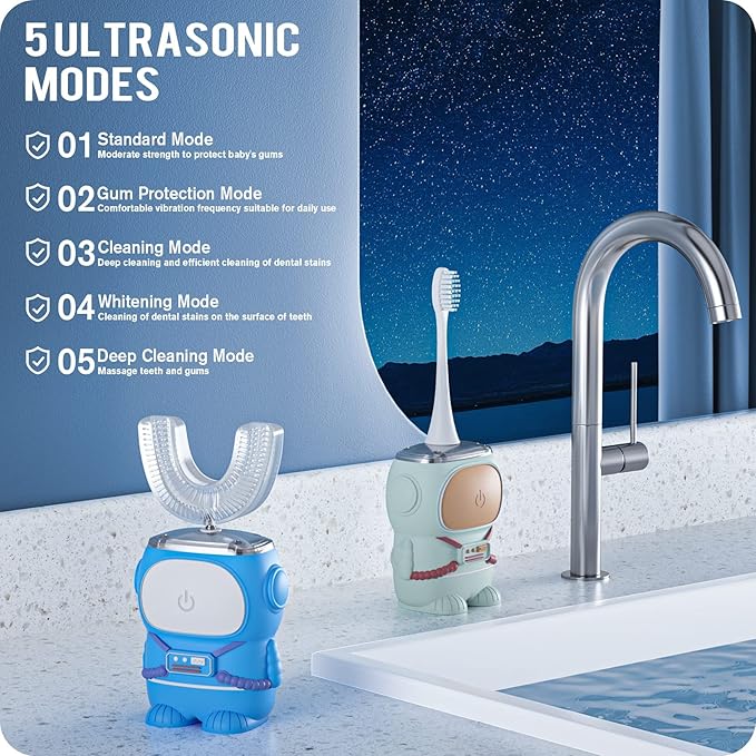 Ultrasonic Kid's U-Shaped Electric Toothbrush, IPX7 Waterproof, Five Cleaning Modes, 60S Smart Reminder (Cartoon Astronaut, Green Ages 2-6)
