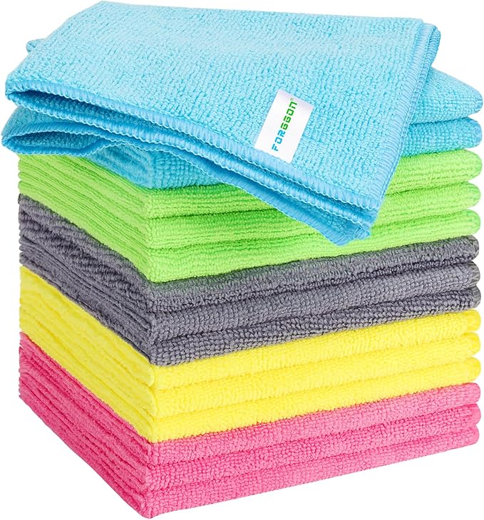 Microfiber Cleaning Cloth, Pack of 15, Lint Free, Absorbent, Streak Free, Non-Abrasive, Reusable and Washable，Cleaning Towels with 5 Color Assorted,11.5"X11.5"(Green/Blue/Yellow/Pink/Grey)-StrideForce Fitness