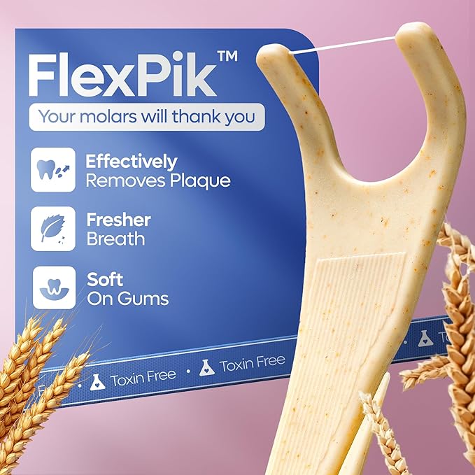 SmartLifeco Eco-Friendly Angled Dental Floss Picks (200ct) - Flossers Made with Straw Wheat Blend, Anti-Shred Thread for Molars & Back Teeth, Tooth Pick Stick for Adults, Soft on Gums, Unflavored