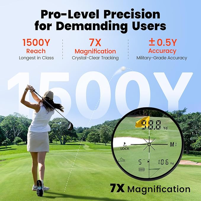Golf Laser Rangefinder with Slope, 1500Y Range Finder, 0.3s Flagpole Locking Vibration, 7X Magnification, Magnet Stripe, 85% Transmission Lens for Golfing/Hunting, Golf Accessories for Men-StrideForce Fitness