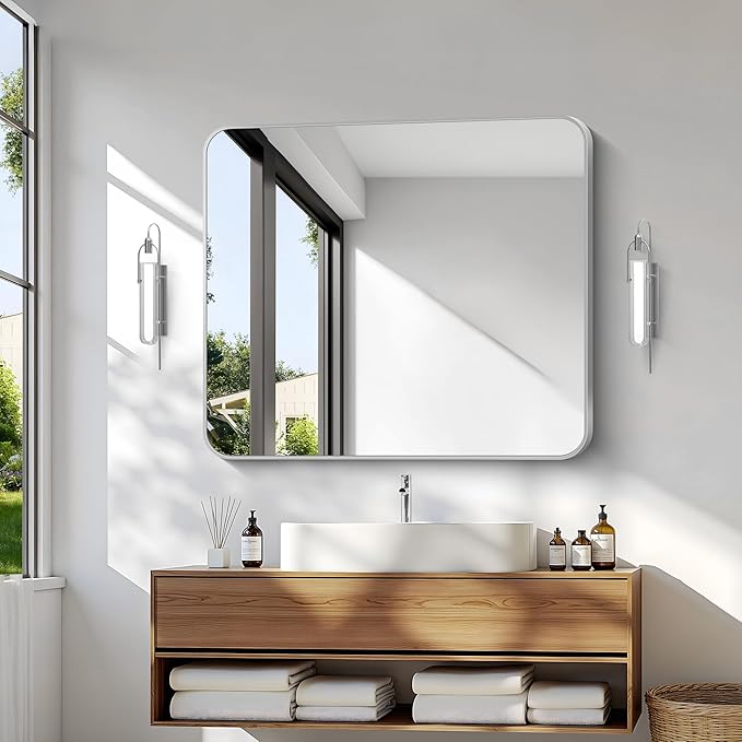 Silver Bathroom Mirror,30x36 inch Wall Mirror for Bathroom Wall Mounted,Rectangle Mirror for Bathroom Over Sink,Modern Frame Round Corner for Living Room,Bedroom Entryway,Horizontal/Vertical-StrideForce Fitness