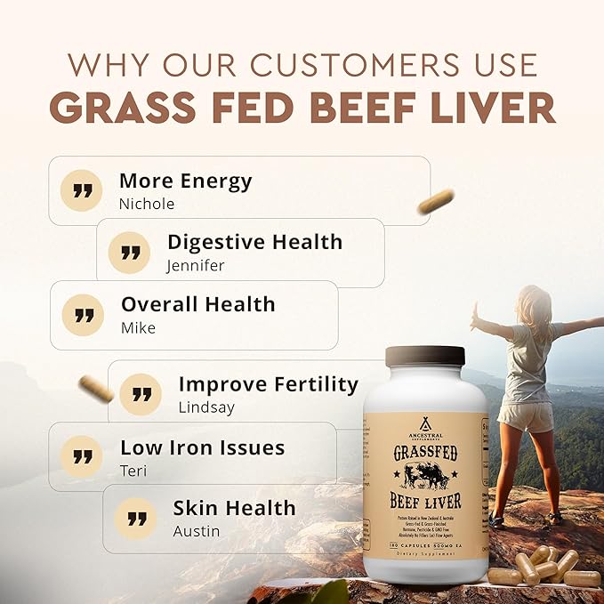 Ancestral Supplements Grass Fed Beef Liver 180 Capsules, Supports Energy Production, Detoxification, Digestion, Immunity and Full Body Wellness, Non-GMO, Freeze Dried Liver Health Supplement-StrideForce Fitness