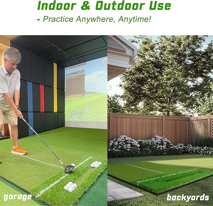 Dual-Turf 45/50MM Golf Hitting Mat, Built-in Ball Tray, Alignment Aid, Golf Mat Practice Outdoor & Indoor, Driving Chipping Putting in Backyard Garage Basement, Gift for Men Dad Golfer-StrideForce Fitness