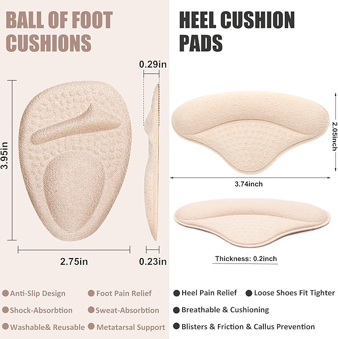 Ball of Foot Cushions, Metatarsal Pads, Heel Cushion, Grips Liners for Pain Relief, Blisters, Friction - Non-Slip Shoe Inserts for Loose Shoes, Shoe Fillers Make Shoes Fit Tighter-StrideForce Fitness