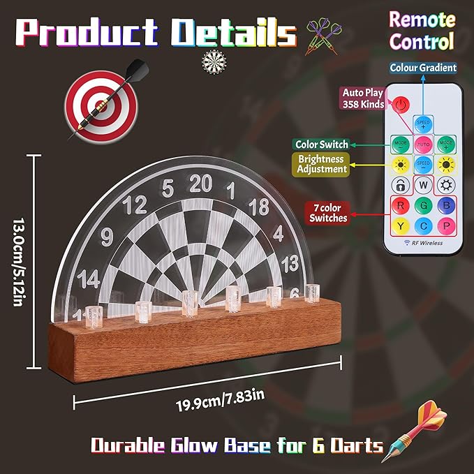 Light Up Dart Stand Wall Mount, Acrylic Wooden LED Dart Holder with Multiple Color Modes with Remote Control Holds 6 Darts, Xmas Birthday Gifts for Darts Enthusiasts-StrideForce Fitness