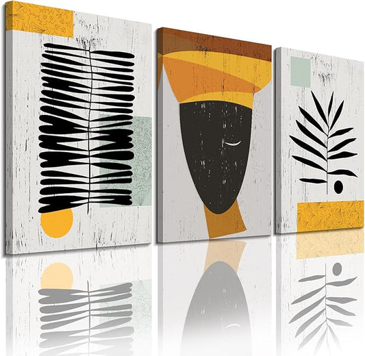 Framed Canvas Wall Art African Ethno Motive Wall Art Set, Abstract Ethno Art, African American Woman Portrait, Black Orange Print, Contemporary Collage, Minimalist (S-3pcs,24x36inchx3pcs)-StrideForce Fitness
