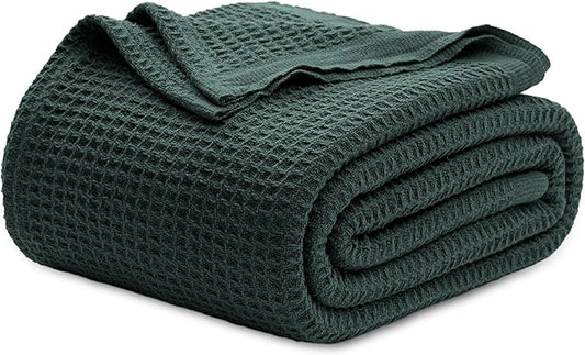 Bedsure 100% Cotton Blanket King Size for Bed - Breathable and Soft, Waffle Weave Blanket for Summer, Thick Cozy Fall Blankets for Women Gift, Dark Green, 104x90 inches-StrideForce Fitness