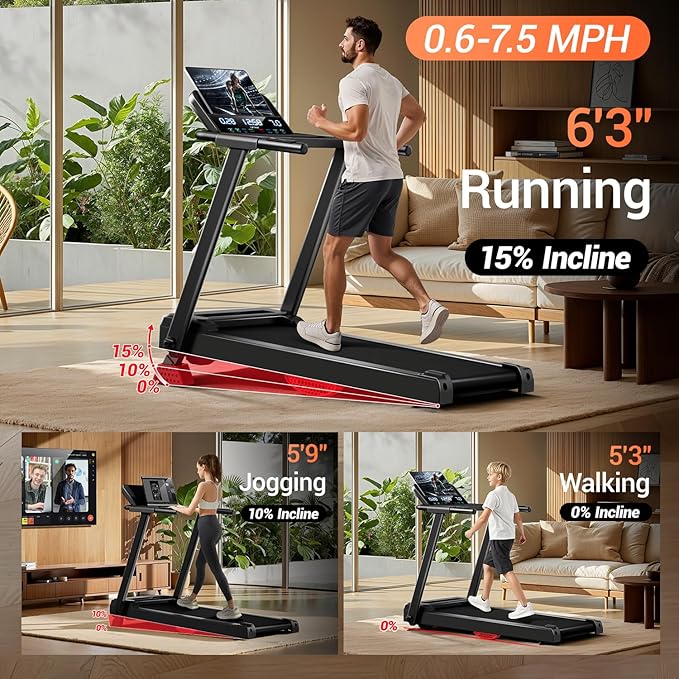 Treadmills for Home, 15% Incline Treadmill, Folding Treadmill Filpped Screen and Heart Rate Sensor, 3.0HP Quiet Brushless Dual Cushion System, 300lbs Weight Capacity-StrideForce Fitness