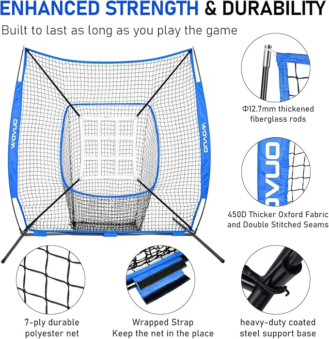 7x7 ft Baseball Net for Batting Pitching Hitting, Softball Pitching Net with Strike Zone, Tee, Ball Caddy, Softball Batting Net Baseball Training Equipment for Kids Adult Youth Sport Practice-StrideForce Fitness