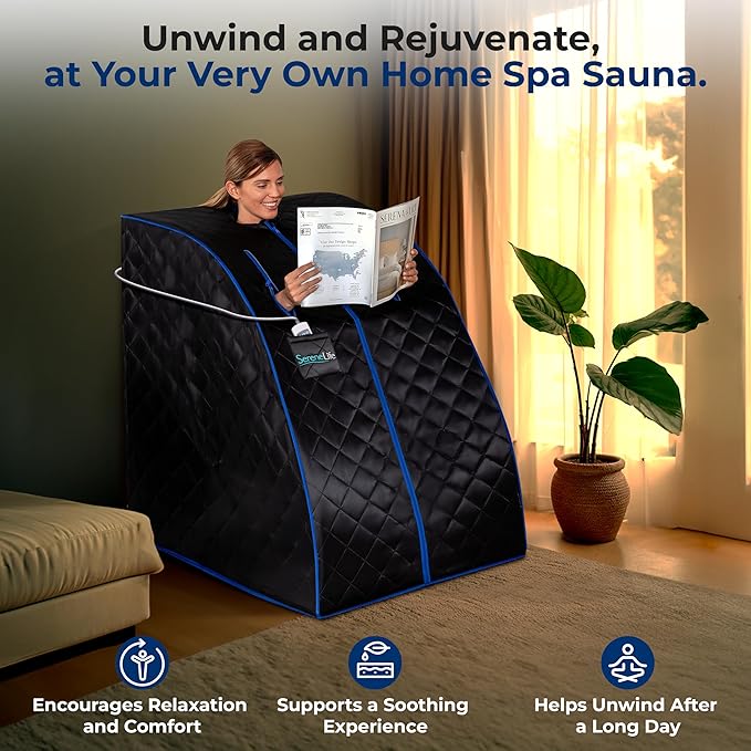 SereneLife Compact & Portable Infrared Steam Sauna, Personal Spa Style Sauna for at-Home Relaxation and Rejuvenation, Easy Access Sit-in Design, Foldable Chair, Energy Efficient, Foot Pad Heating Mat-StrideForce Fitness