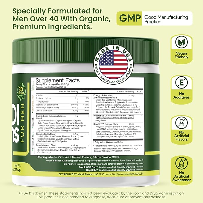 Veridi Greens for Men 40+ | Daily Superfood Greens Powder for Prostate Health, Hormone & Energy Support | Premium USA Blend with Spirulina, Saw Palmetto, Zinc & Enzymes-StrideForce Fitness