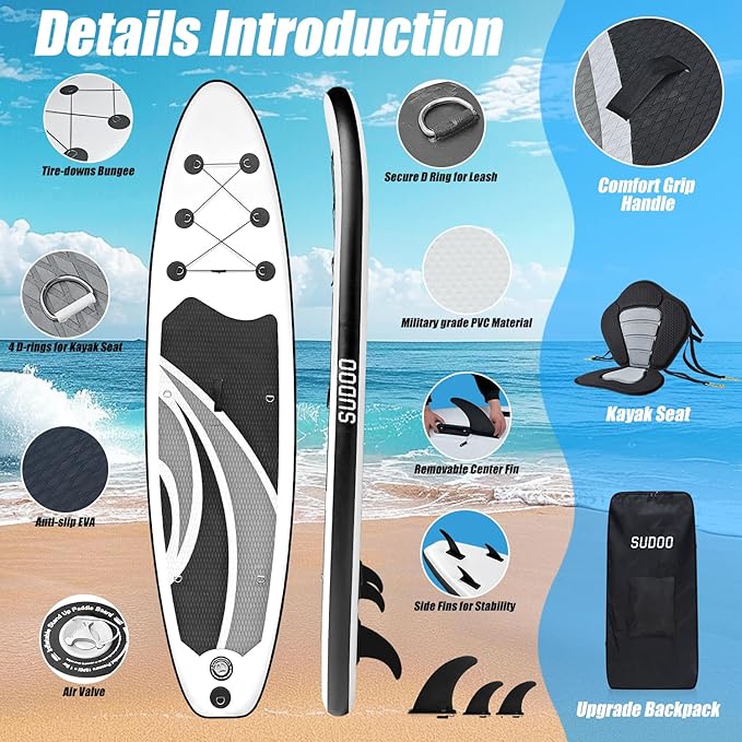 Inflatable Stand Up Paddle Board 10‘x30‘‘- Ultra-Light SUP with Backpack, Pump, Paddle, Coil Leash, 3 Fins, Repair Kit, Stable Design, Non-Slip EVA Deck for Adults & Youth-StrideForce Fitness