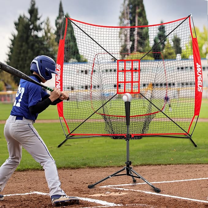 7'X7' Baseball Softball Practice Net,Pitching Net,Batting Net,with Baseball Tee,Bonus Strike Zone and Bow Frame,for Hitting,Pitching, Catching-StrideForce Fitness