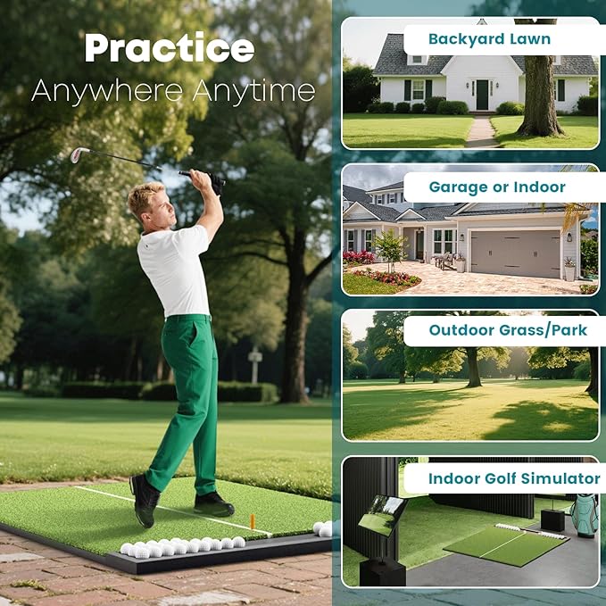 Golf Hitting Mat with Ball Tray, 5x4 & 6x4 ft, 26mm/31mm Thick, Standard & Alignment Line Options, Premium Golf Practice Mat for Indoor Outdoor Swing & Chipping-StrideForce Fitness