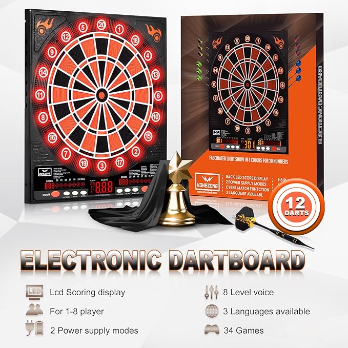 Electronic Dartboard, Electric Dart Boards for Adults,Electronic Scoreboard, Light-Up Led Display, 12 Darts Soft Tip Professional Dart Board and Extra Tips, Up to 8 Players-StrideForce Fitness