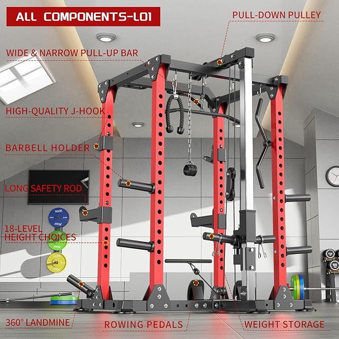 Power Rack Power Cages Multi-Function Squat Rack with Cable Crossover System Selectable More Training Attachment Weight Cage for Garage Home Gym-StrideForce Fitness