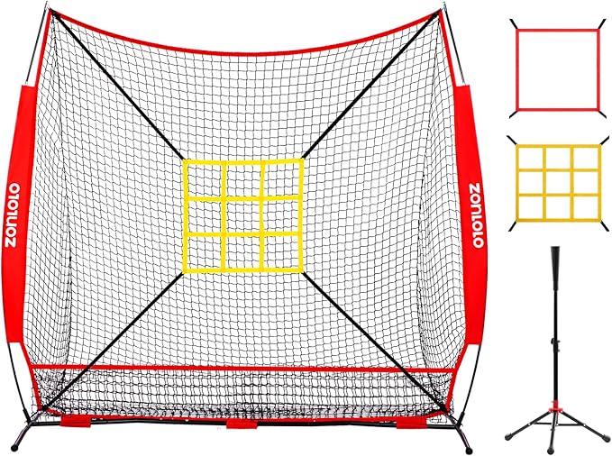 7x7 ft Baseball Net, Pitching & Batting Net with Batting Tee, Designed with Large Ball Collection System, 2 Strike Zones, Carry Bag, Baseball Softball Net for Batting Pitching Hitting and Throwing-StrideForce Fitness