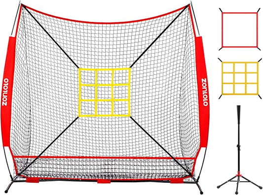 7x7 ft Baseball Net, Pitching & Batting Net with Batting Tee, Designed with Large Ball Collection System, 2 Strike Zones, Carry Bag, Baseball Softball Net for Batting Pitching Hitting and Throwing-StrideForce Fitness