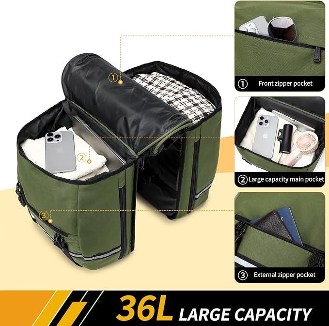 Bike Bag Accessories Panniers for Bicycle Rear Rack Bag 36L Waterproof Mountain Electric Bike Saddle Bag for Cycling Traveling Commuting Green-StrideForce Fitness
