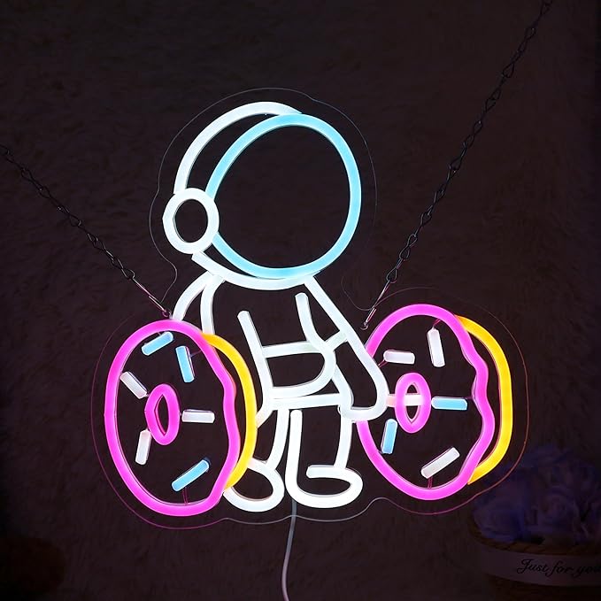 Astronaut Lifting Donut Neon Sign Astronaut Donut Neon Light Astronaut Light Sign Dimmable Bakery LED Neon Light for Club Decor Man Cave Game Room Bar Pub 12.5"×12.7"-StrideForce Fitness