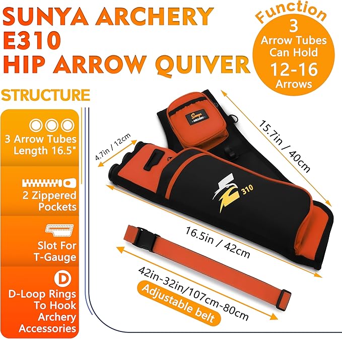 SUNYA Archery Hip Quiver for Arrows. Includes 3 Tubes Arrow Holder, Accessories Pockets and Waist Belt. Fit for Compound and Recurve Bow Practice.-StrideForce Fitness