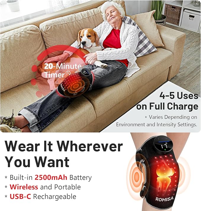 Red Light Therapy Knee Brace&Vibration Knee Massage for Pain Relief, 660nm&850nm Rechargeable Near Infrared Light Therapy Device for Knee/Elbow/Shoulder Faster Recovery for Cordless Use-StrideForce Fitness