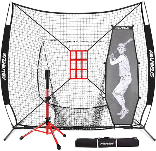 7'X7' Baseball Softball Practice Net,Pitching Net,Batting Net,with Baseball Tee,Bonus Strike Zone and Bow Frame,for Hitting,Pitching, Catching-StrideForce Fitness