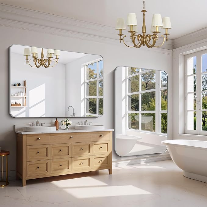 FORBATH 60x40 Inch Silver Bathroom Mirror for Over Sink, Large Rectangular Wall Mirror with Metal Frame, Rounded Corners for Bathroom, Bedroom, Entryway Decor (Horizontal or Vertical)-StrideForce Fitness