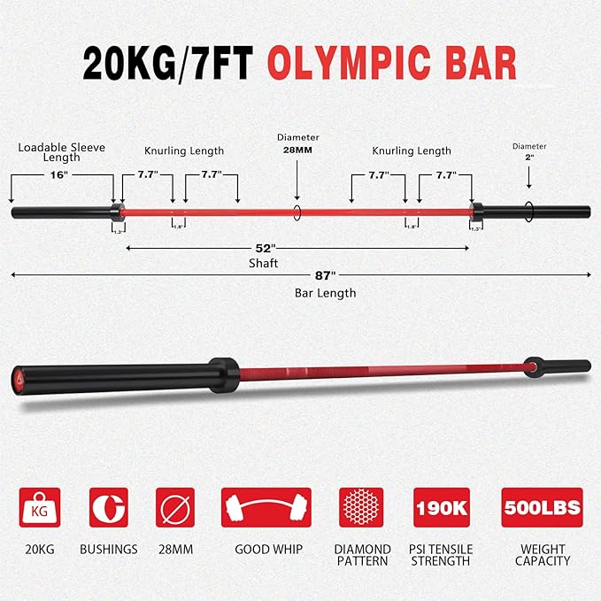 7ft Olympic Barbell for Strength Training and Olympic Weightlifting, 500 700 1000LBS Capacity Available, 2 Inch Bar for Squats, Home Gym Fitness Equipment, Bench Press, Deadlift,Powerlifting-StrideForce Fitness