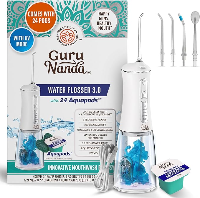 GuruNanda Advanced Dental Water Flosser 3.0 with UV Mode Water Flosser & 24 Aquapods with Mouthwash for Fresh Breath & Plaque Removal, Compact & TSA-Approved