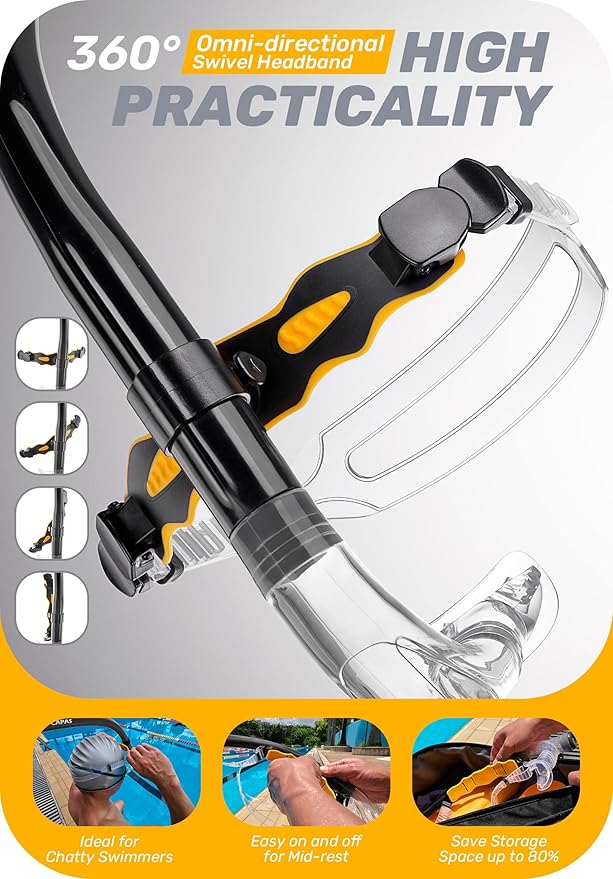 CAPAS Training Swim Snorkel for Lap Swimming, Swivel Headband Ultimate Fit Center-Mount Swimmers Snorkel with Liquid Silicone Mouthpiece Adjustable Strap, Designed for Adult Men Women-StrideForce Fitness