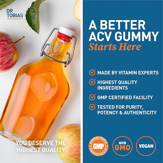 Dr. Tobias Apple Cider Vinegar Gummies, Includes 500 mg Apple Cider Vinegar with Mother, Folate, B12 & Iodine, Supports Gut Health, Cleanse & Detox, Vegan, Gluten-Free, 60 Gummies-StrideForce Fitness