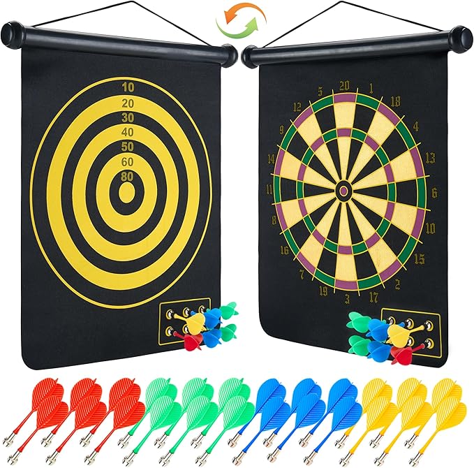 Magnetic Dart Board with 24pcs Darts,Indoor Outdoor Dart Game for Kids and Adults，2in1 Rollup Safe Dart Flights Toys Set for 3-12 Year Old Boys Girls Christmas Birthday Gifts-StrideForce Fitness