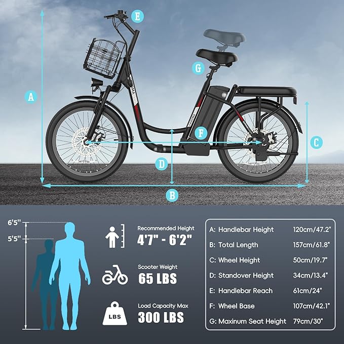 Caroma Electric Scooter with Seat, 48V Removable Battery E-Bike, Up to 30Miles&20MPH, 500/800/1200W Motor, 20" Fat Tire Adult Electric Bicycles for Commuting with Basket-StrideForce Fitness