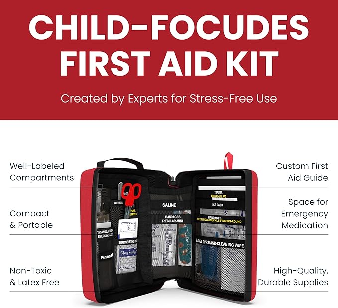 Portable First Aid Kit for Kids with CPR Shield - Ideal for Home, Car, School, Camping, and as a Travel First aid kit. Latex-Free Bandages – Children First Aid Guide by The Life Safety Pro-StrideForce Fitness