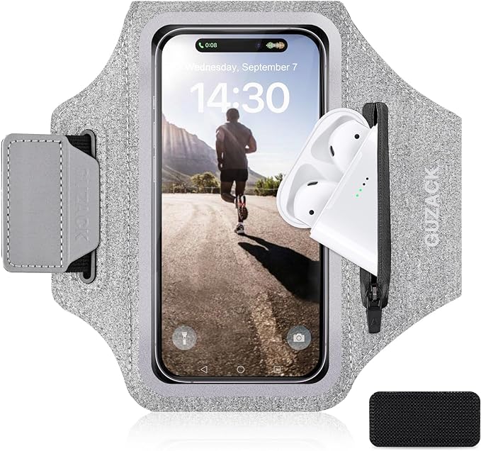 GUZACK Running Armband Case for iPhone 16/15/14/13/12/11 Pro Max, Galaxy S25/S24/S23/S22, Universal Cell Phone Arm Holder with Key Pocket & Card Slot, Gray-StrideForce Fitness